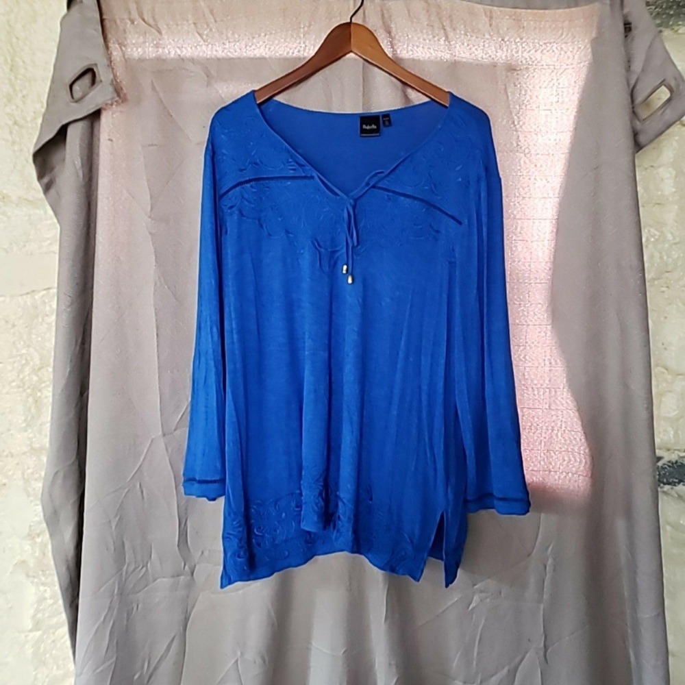 Rafaella Blouse Womens XXL Blue V Neck Long Sleeve Embroidered Tunic Top